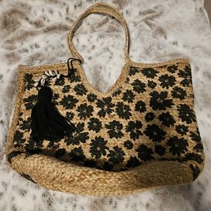Floral Woven Tote Bag - Black and Tan